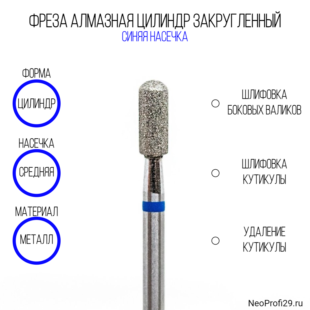 Фреза алмазная Цилиндр закругленный D 2,7 мм синий Китай