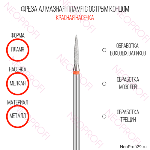 Фреза алмазная Пламя с острым концом D 1,6 мм красный Китай Фреза алмазная Пламя с острым концом D 1,6 мм красный Китай